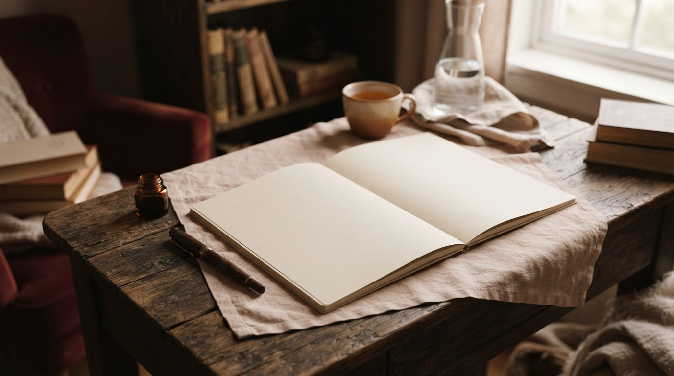Open blank journal and pen on a rustic wooden desk beside a cup of tea