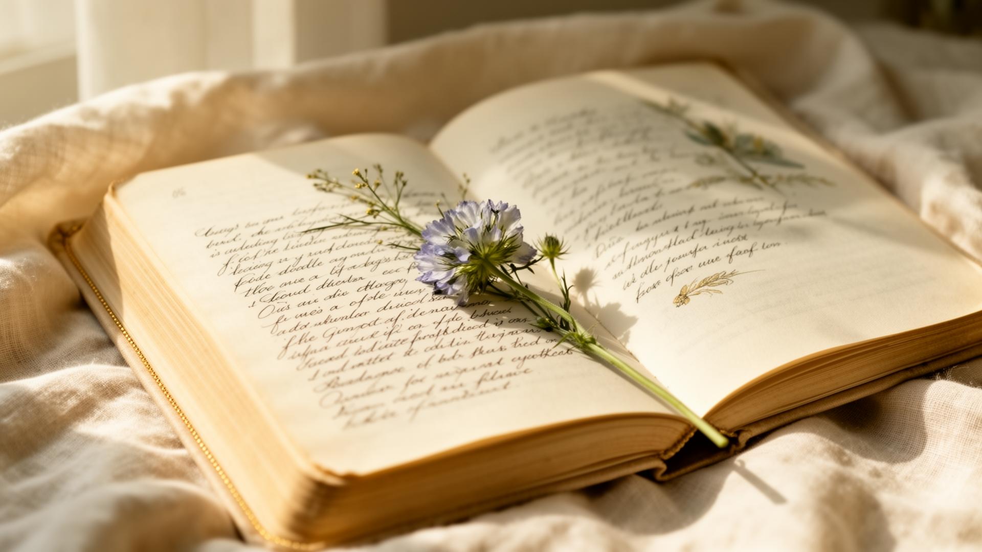 Open journal with a wildflower in warm morning light