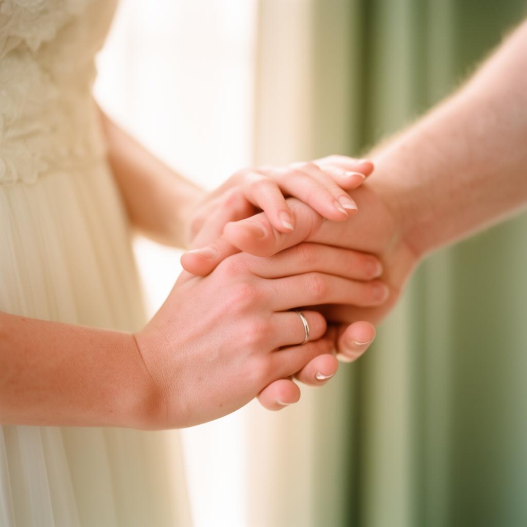Two hands gently holding each other in warm natural light