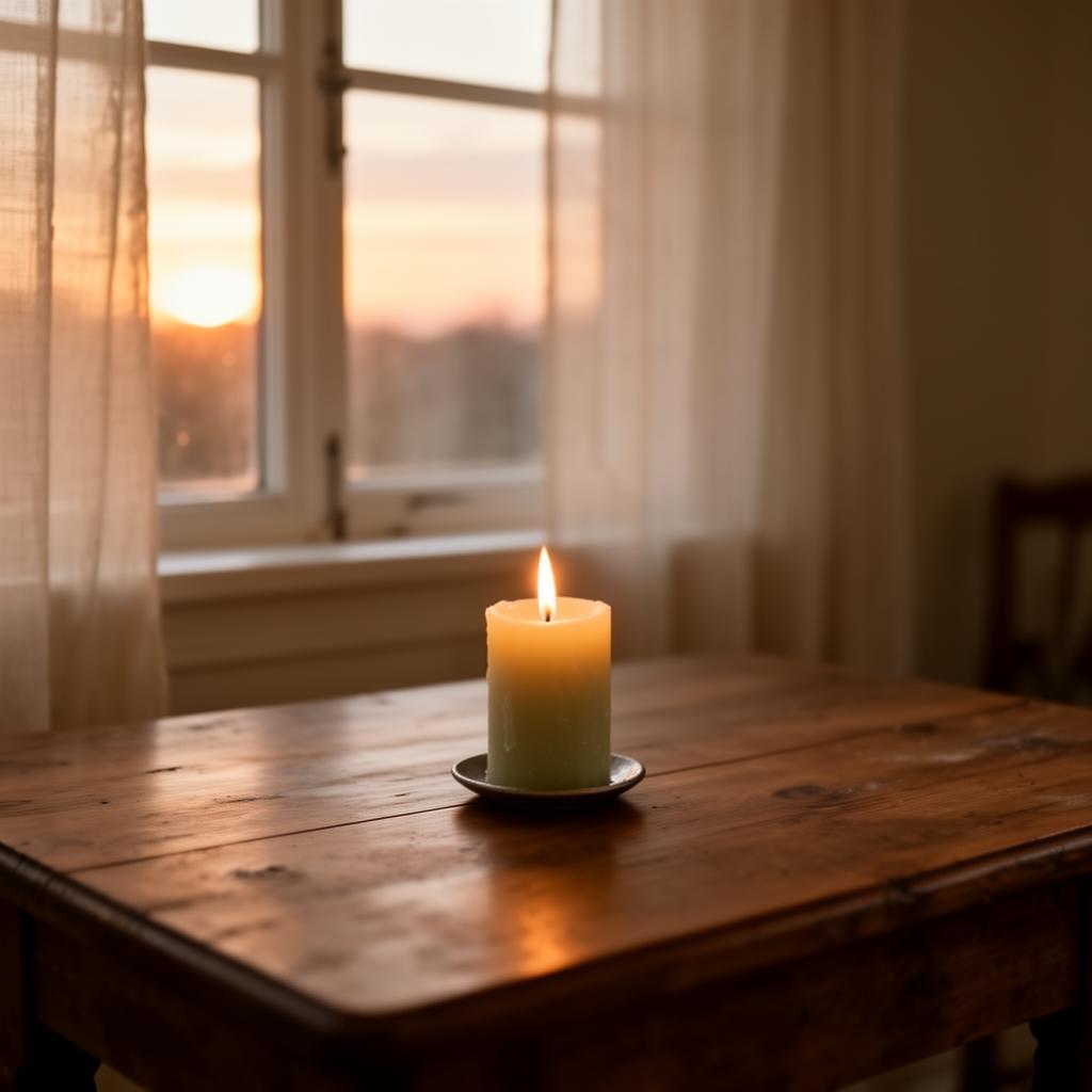 A single candle glowing on a wooden table at dawn